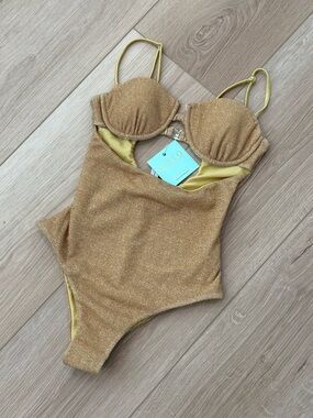 Chio di Stefania D Gold Lurex Knit Balconette One Piece Swimsuit